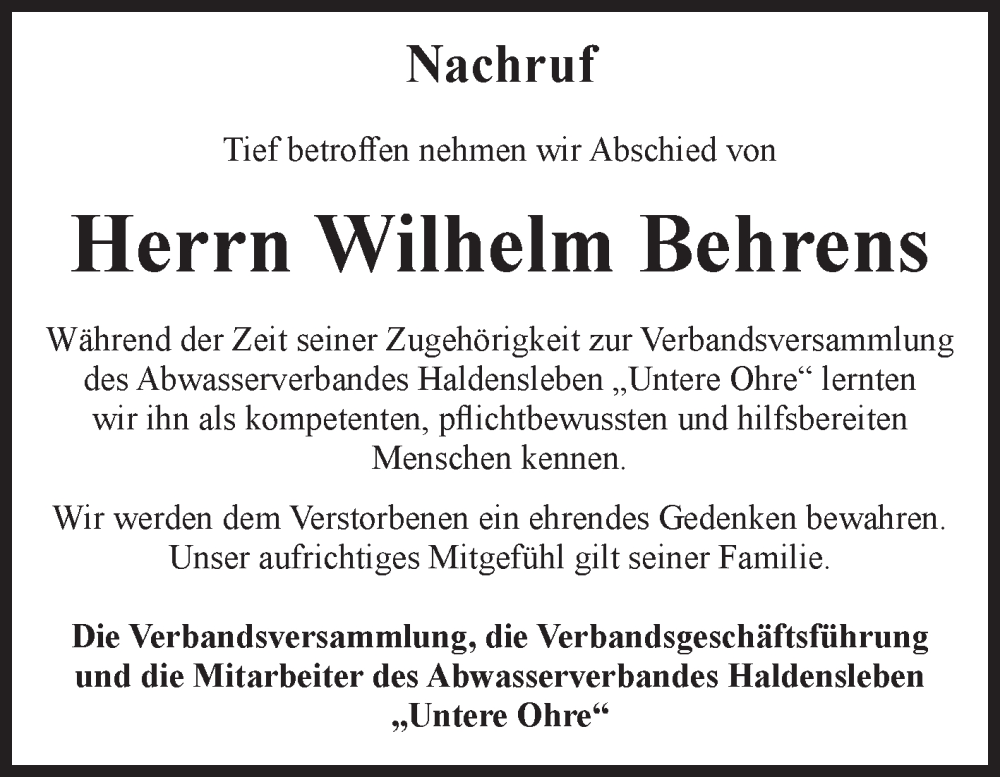 Traueranzeigen Von Wilhelm Behrens Abschied Nehmen De