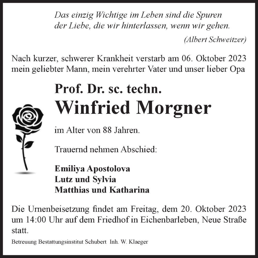 Traueranzeigen Von Winfried Morgner Abschied Nehmen De