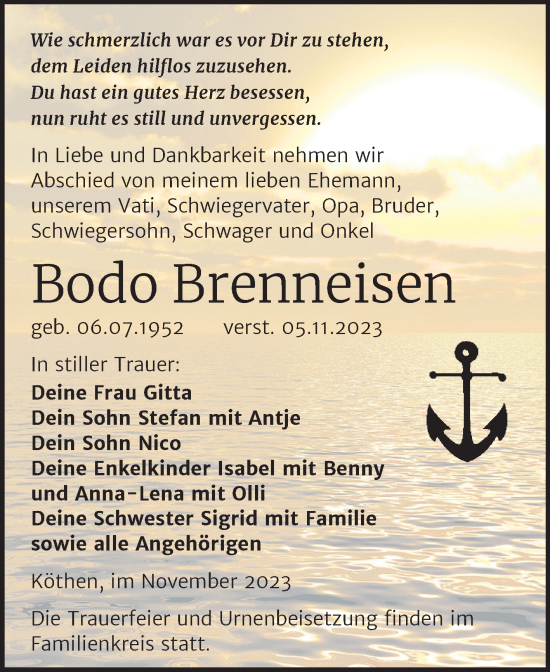 Traueranzeigen Von Bodo Brenneisen Abschied Nehmen De