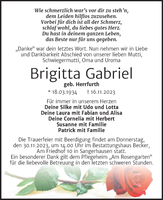 Traueranzeigen Von Brigitta Gabriel Abschied Nehmen De