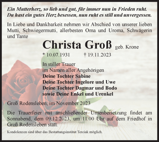 Traueranzeigen von Christa Groß abschied nehmen de