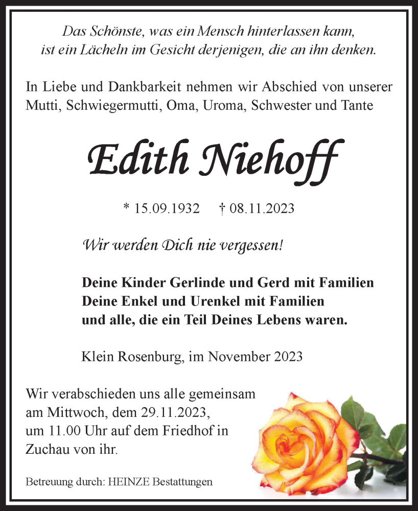 Traueranzeigen Von Edith Niehoff Abschied Nehmen De