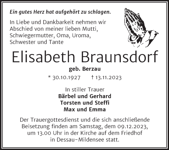 Traueranzeigen Von Elisabeth Braunsdorf Abschied Nehmen De