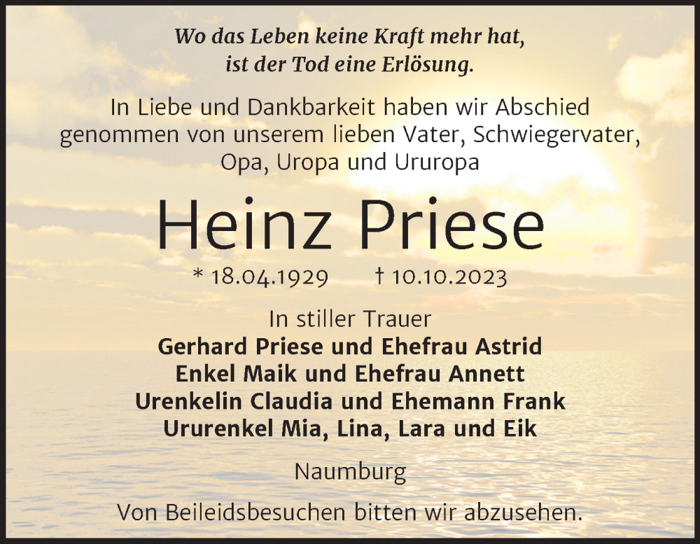 Traueranzeigen Von Heinz Priese Abschied Nehmen De