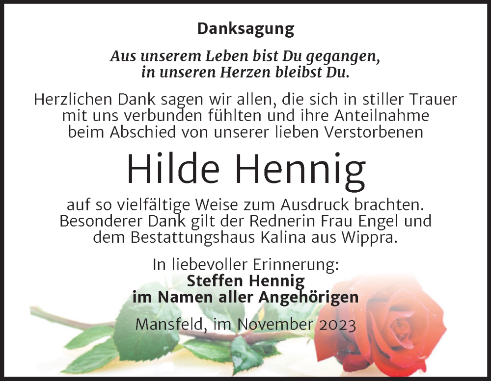 Traueranzeigen Von Hilde Hennig Abschied Nehmen De