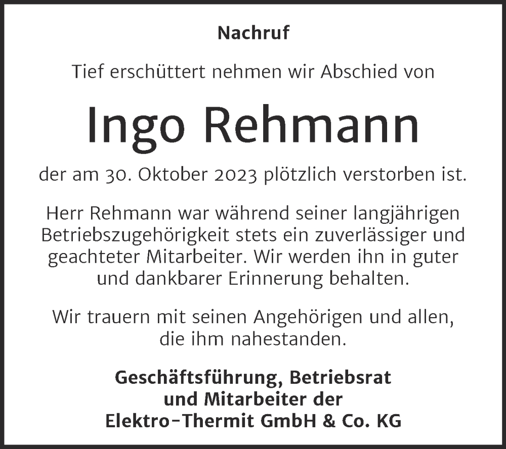 Traueranzeigen Von Ingo Rehmann Abschied Nehmen De