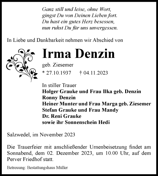 Traueranzeigen Von Irma Denzin Abschied Nehmen De