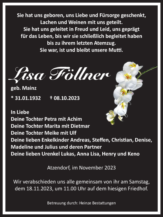 Traueranzeigen Von Lisa F Llner Abschied Nehmen De