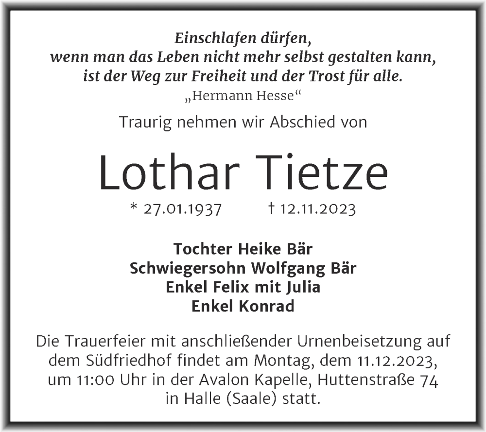 Traueranzeigen Von Lothar Tietze Abschied Nehmen De