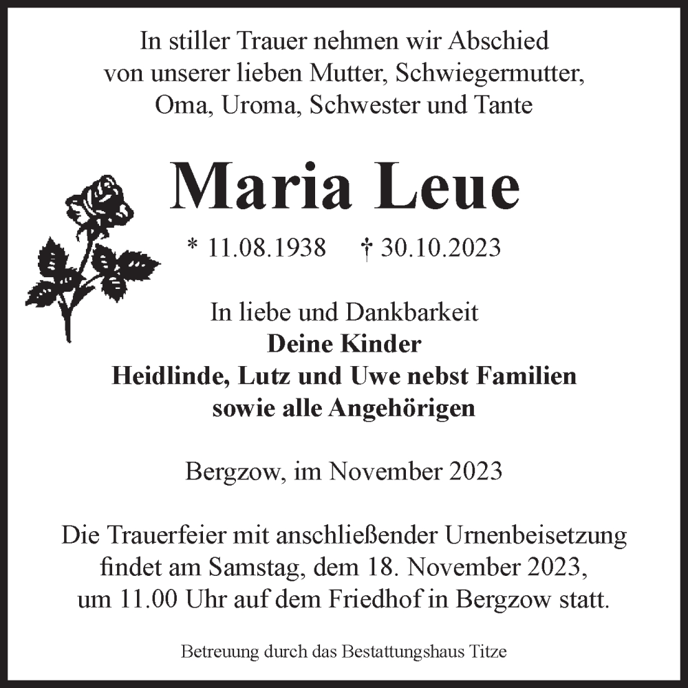 Traueranzeigen Von Maria Leue Abschied Nehmen De