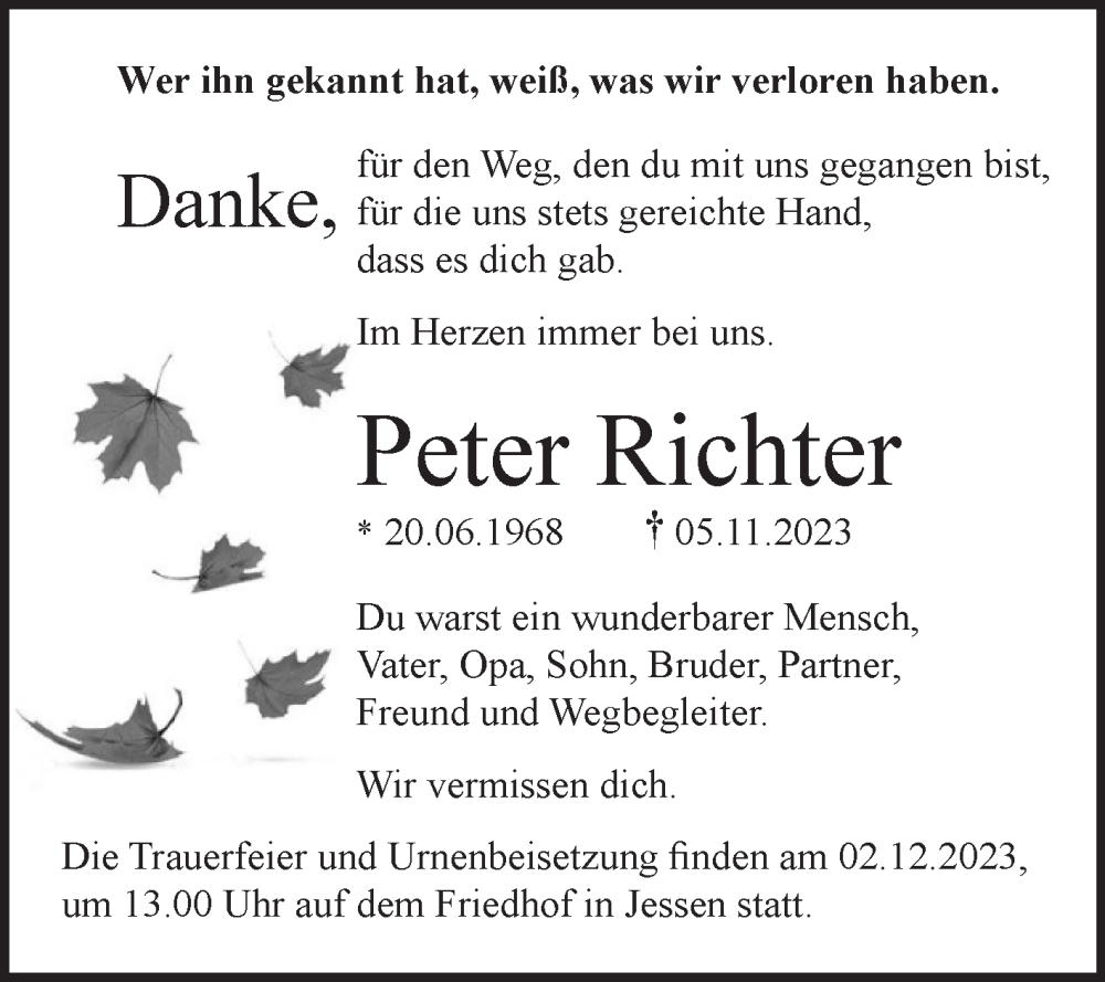 Traueranzeigen Von Peter Richter Abschied Nehmen De