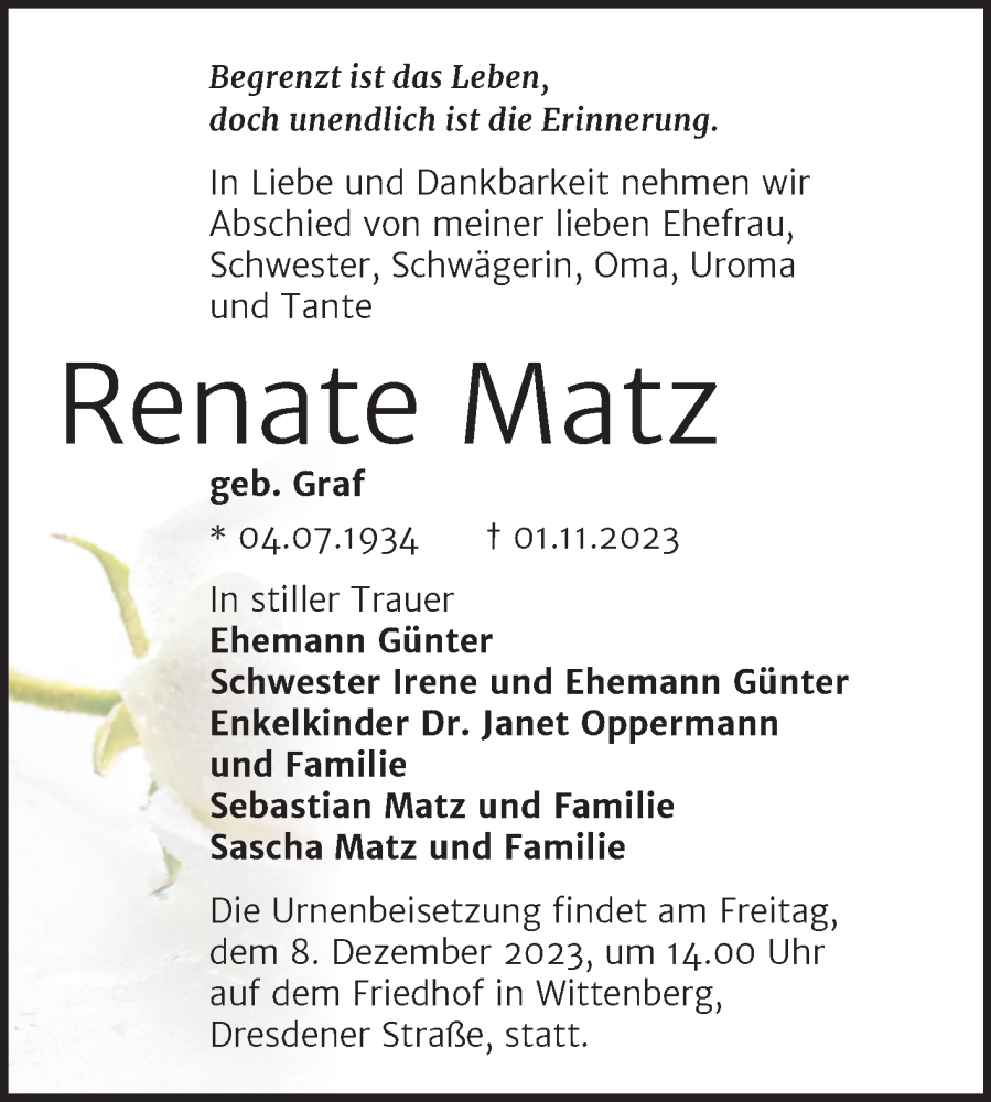 Traueranzeigen Von Renate Matz Abschied Nehmen De