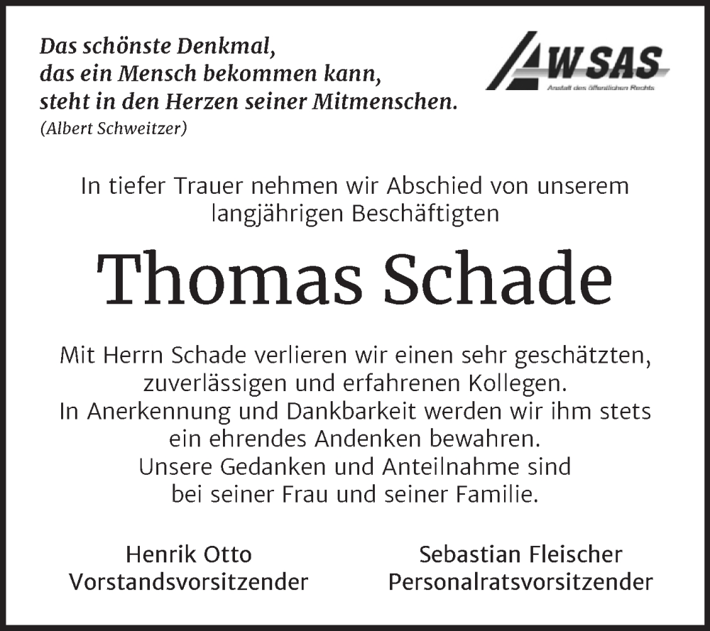 Traueranzeigen Von Thomas Schade Abschied Nehmen De