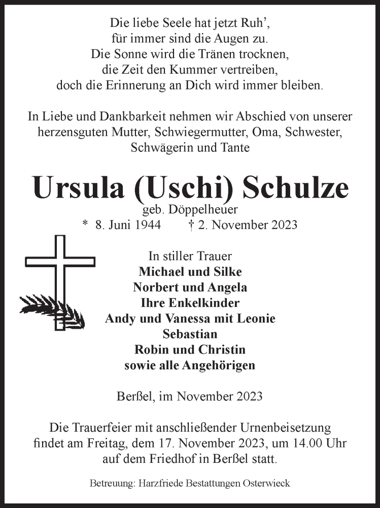 Traueranzeigen Von Ursula Schulze Abschied Nehmen De