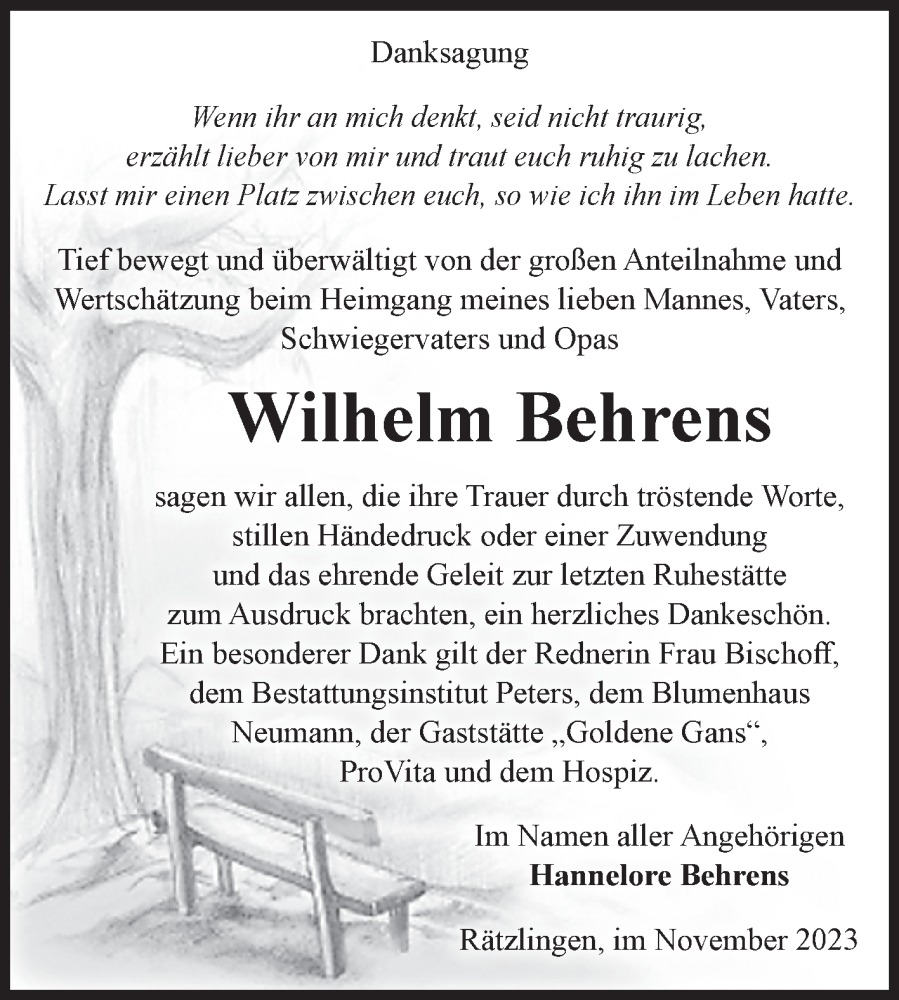 Traueranzeigen Von Wilhelm Behrens Abschied Nehmen De