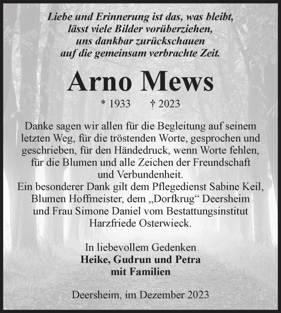 Traueranzeigen Von Arno Mews Abschied Nehmen De