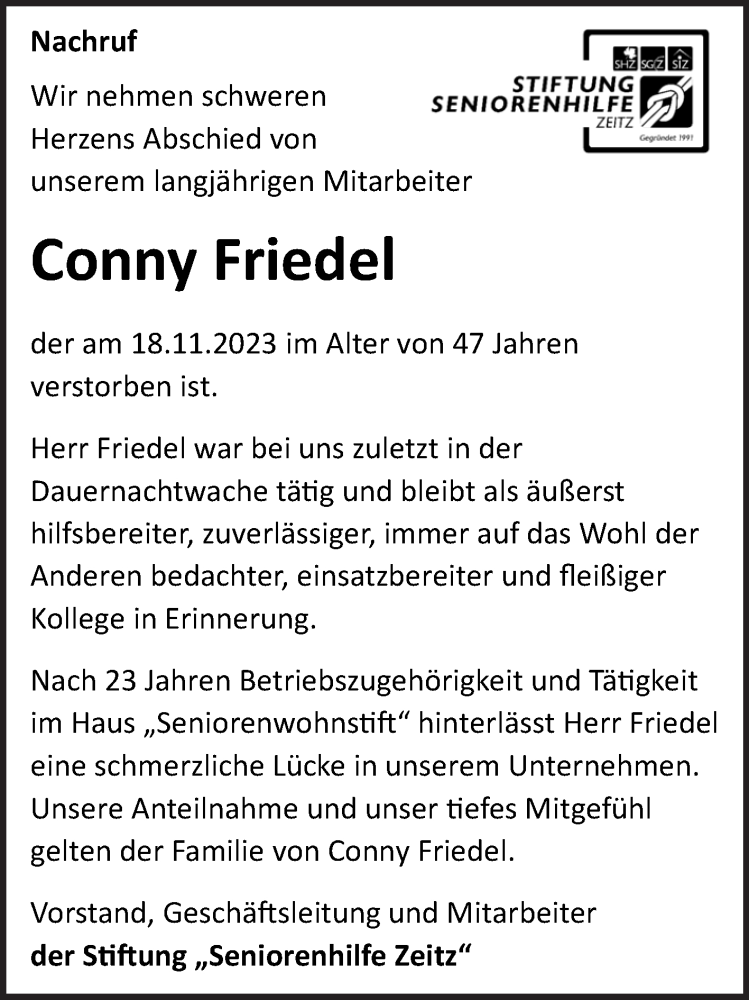 Traueranzeigen Von Conny Friedel Abschied Nehmen De