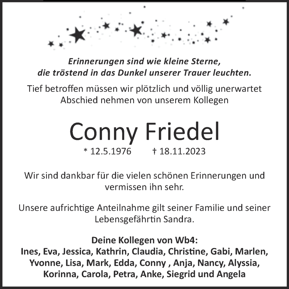 Traueranzeigen Von Conny Friedel Abschied Nehmen De