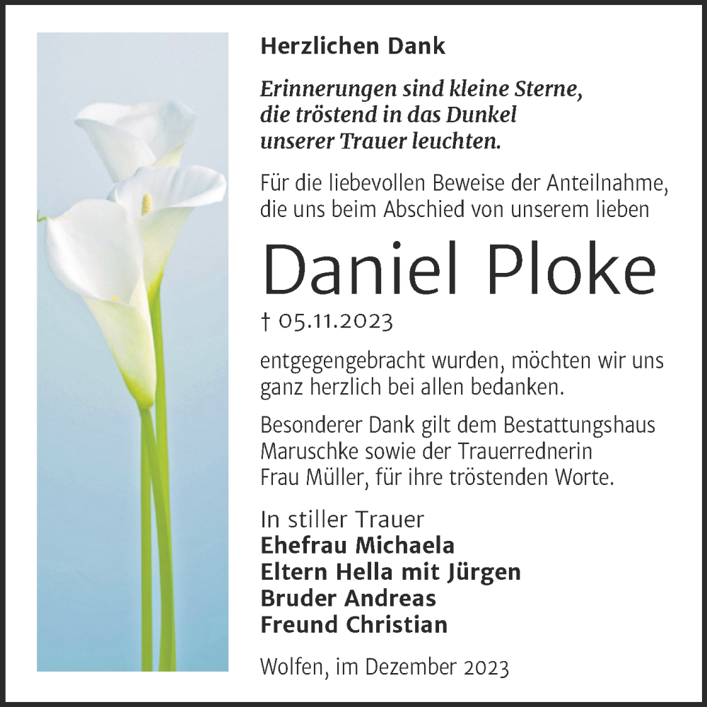 Traueranzeigen Von Daniel Ploke Abschied Nehmen De