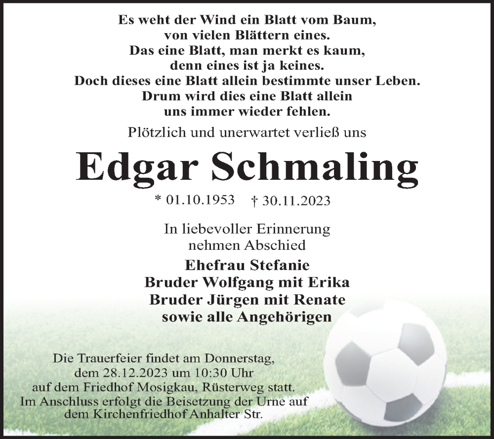 Traueranzeigen Von Edgar Schmaling Abschied Nehmen De