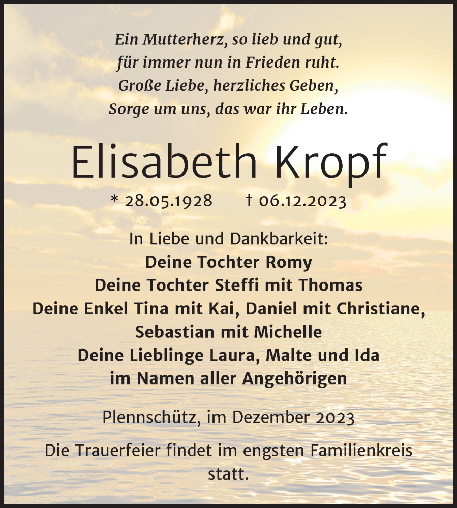 Traueranzeigen Von Elisabeth Kropf Abschied Nehmen De