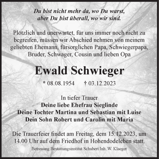 Traueranzeigen Von Ewald Schwieger Abschied Nehmen De