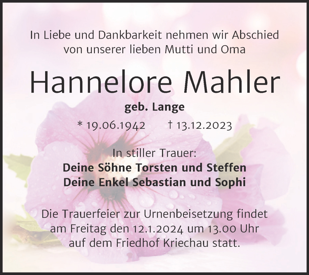 Traueranzeigen Von Hannelore Mahler Abschied Nehmen De