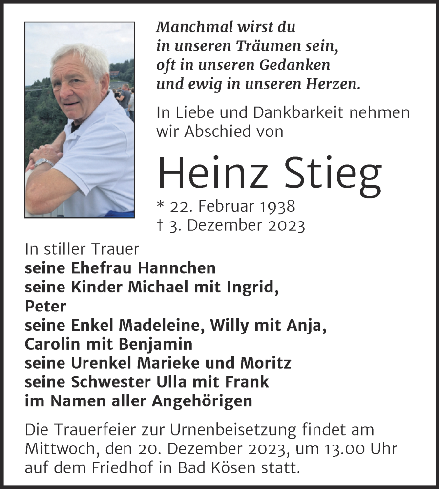 Traueranzeigen Von Heinz Stieg Abschied Nehmen De