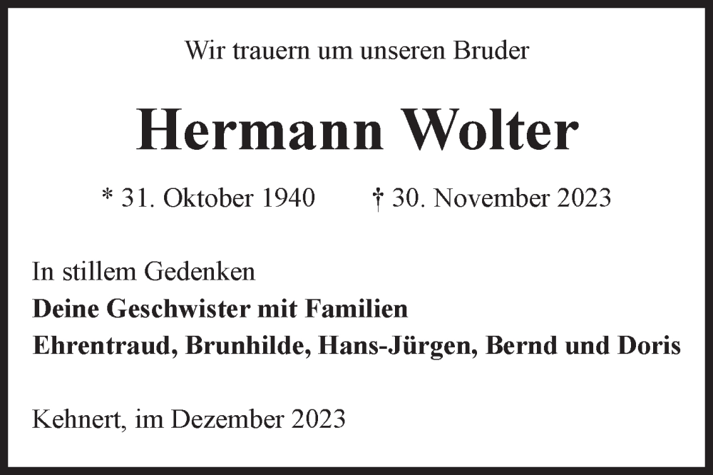 Traueranzeigen Von Hermann Wolter Abschied Nehmen De