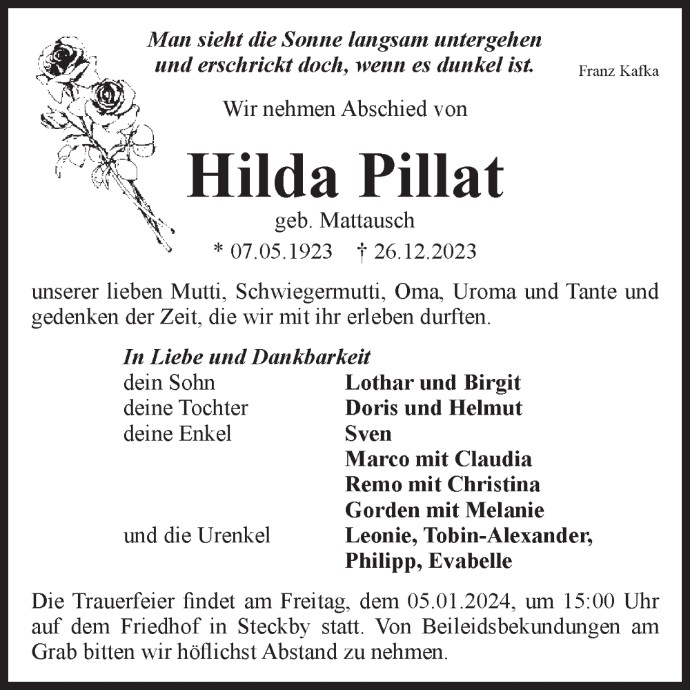 Traueranzeigen Von Hilda Pillat Abschied Nehmen De