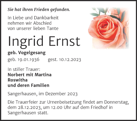 Traueranzeigen Von Ingrid Ernst Abschied Nehmen De