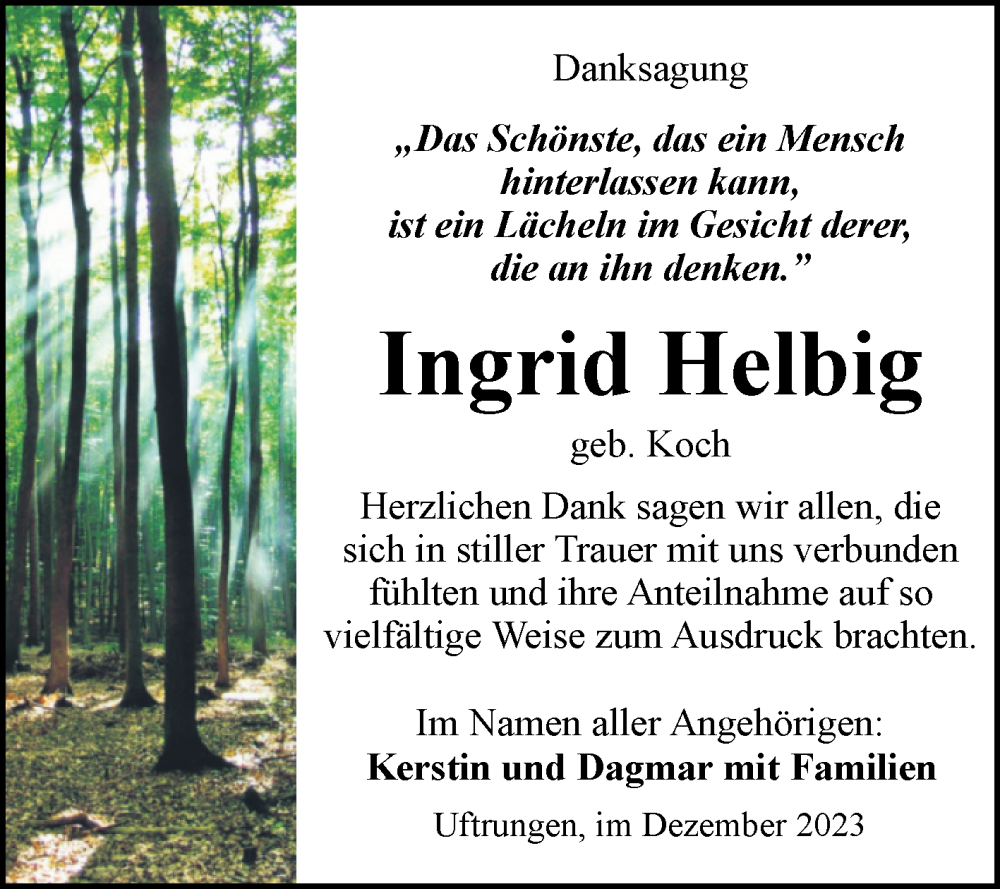 Traueranzeigen Von Ingrid Helbig Abschied Nehmen De