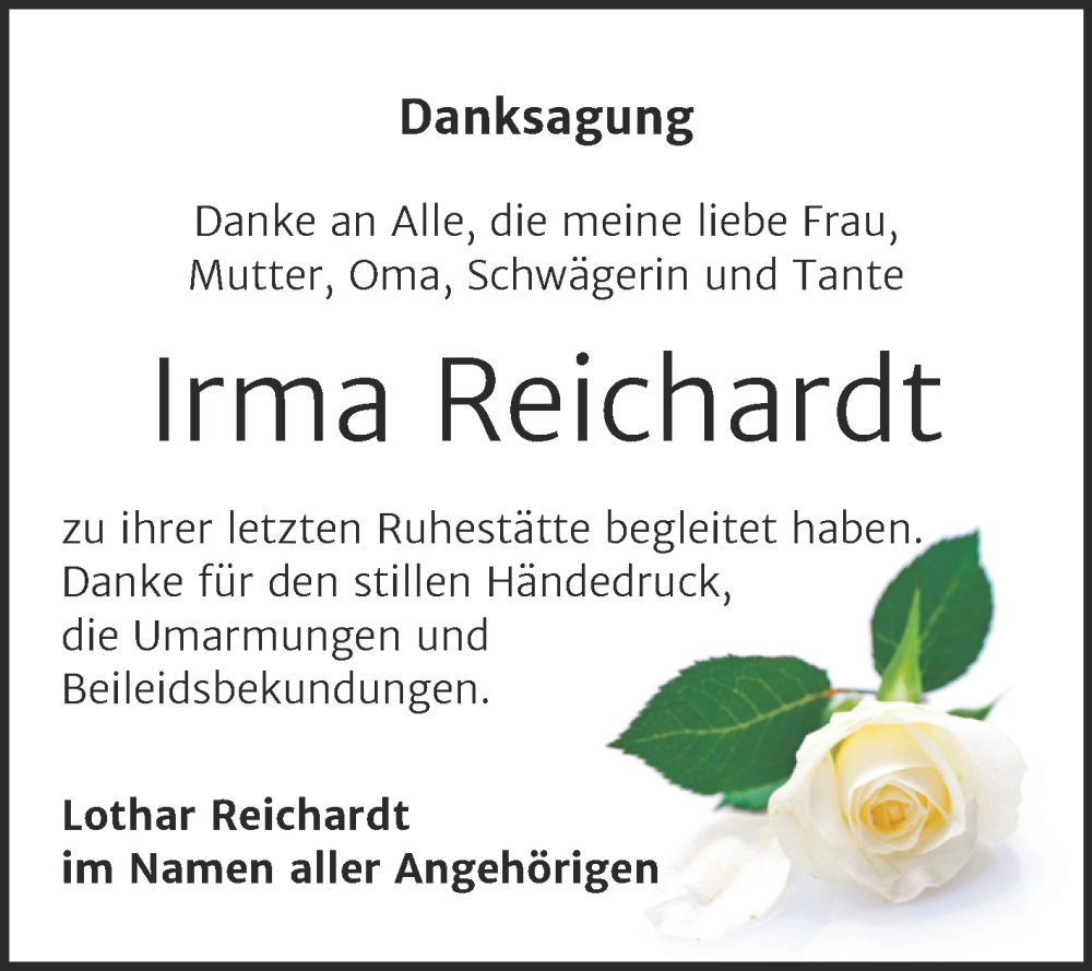 Traueranzeigen Von Irma Reichardt Abschied Nehmen De