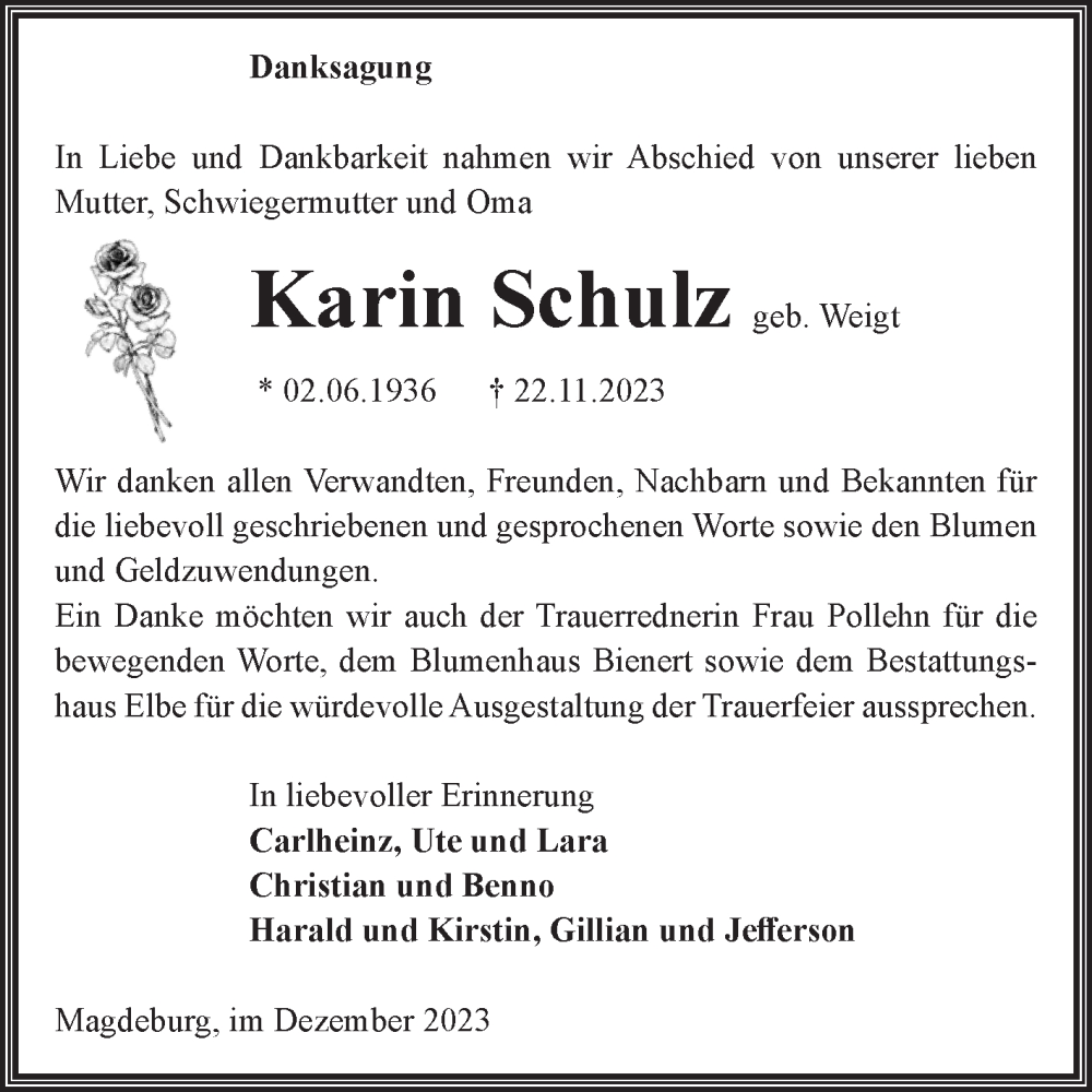 Traueranzeigen Von Karin Schulz Abschied Nehmen De