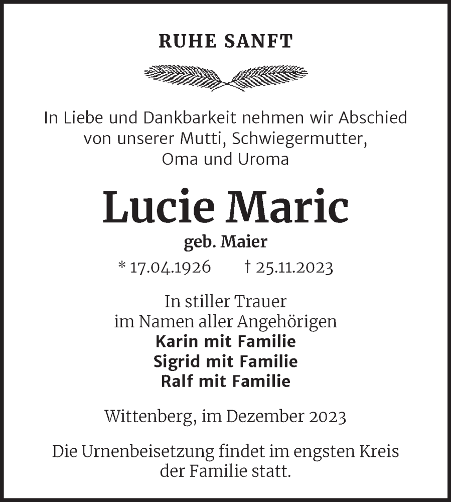 Traueranzeigen Von Lucie Maric Abschied Nehmen De