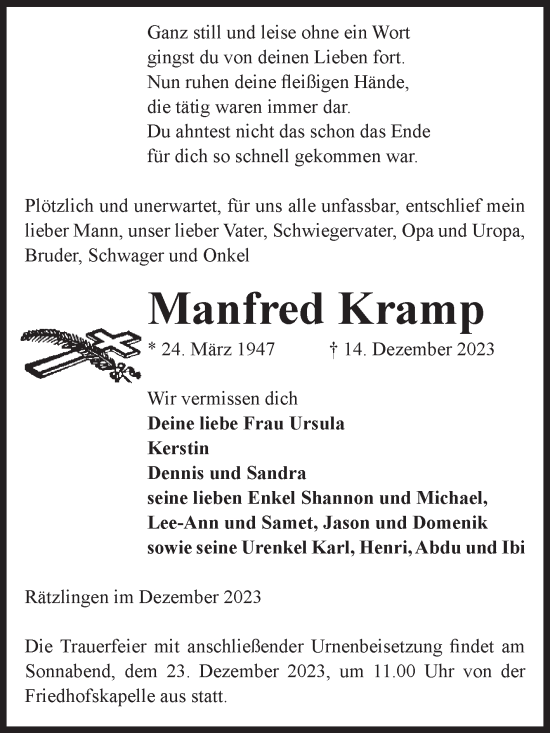 Traueranzeigen Von Manfred Kramp Abschied Nehmen De