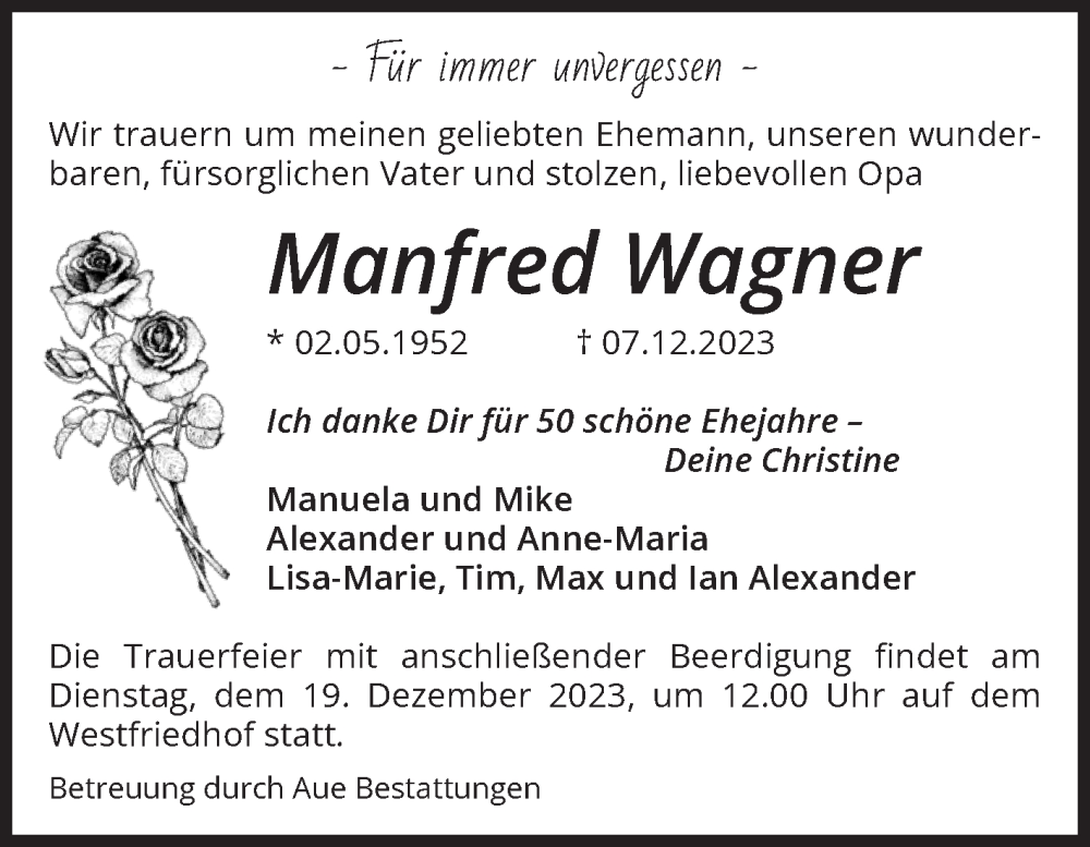 Traueranzeigen Von Manfred Wagner Abschied Nehmen De