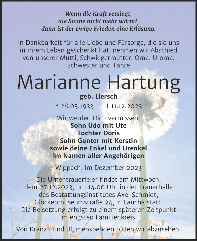 Traueranzeigen Von Marianne Hartung Abschied Nehmen De