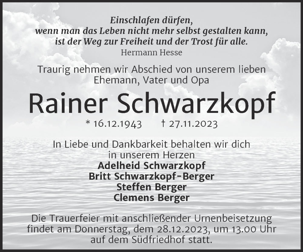 Traueranzeigen Von Rainer Schwarzkopf Abschied Nehmen De