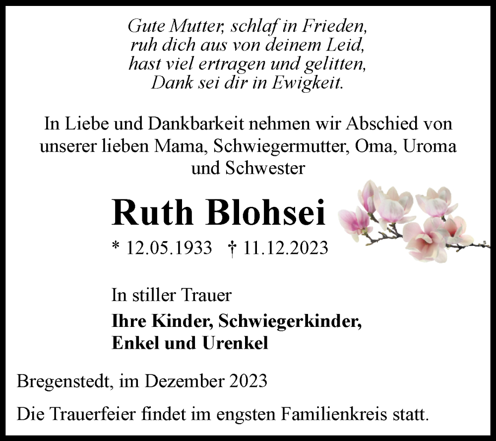 Traueranzeigen Von Ruth Blohsei Abschied Nehmen De