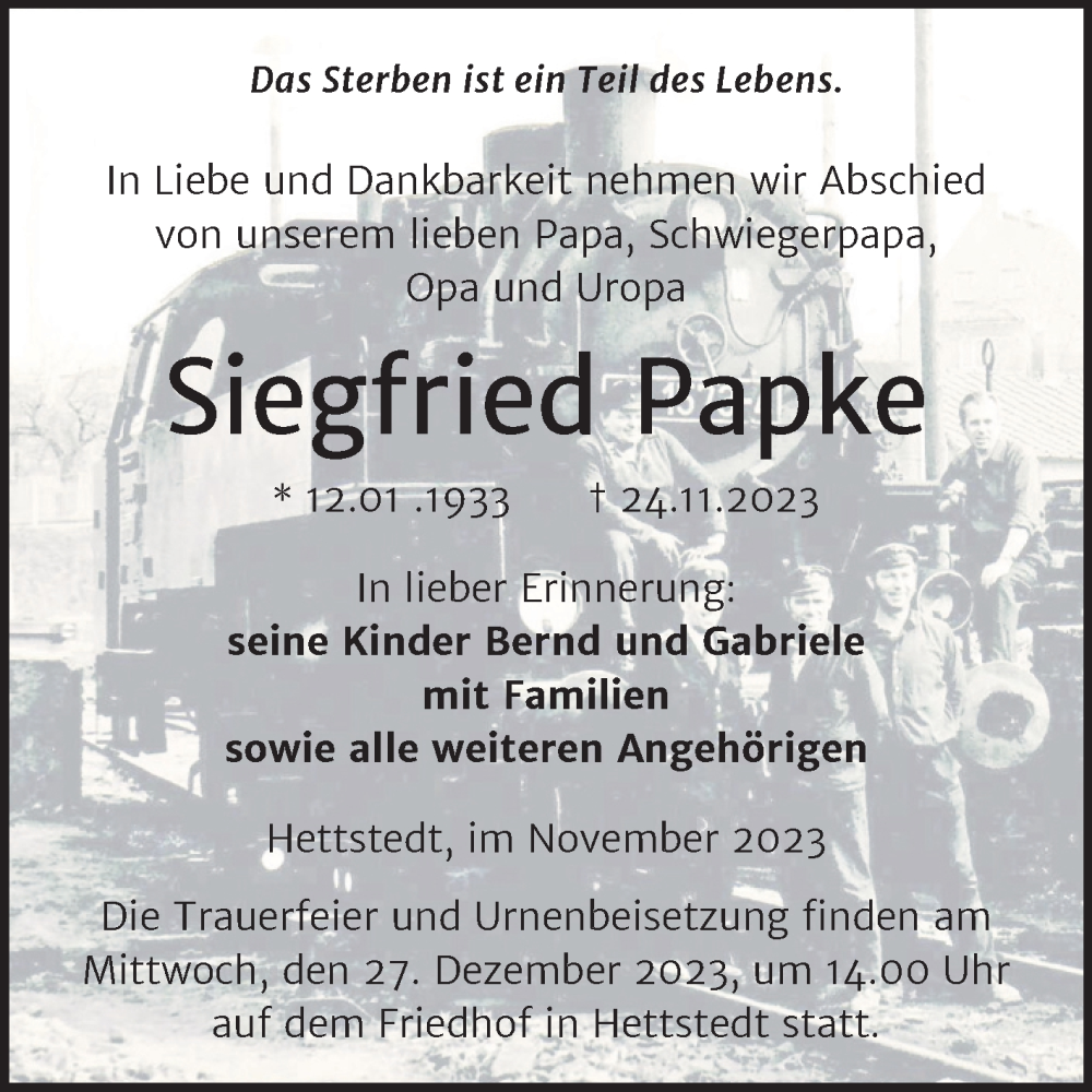 Traueranzeigen Von Siegfried Papke Abschied Nehmen De