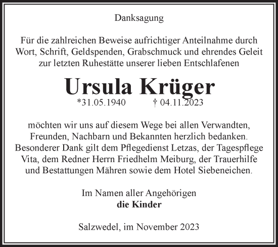 Traueranzeigen von Ursula Krüger abschied nehmen de