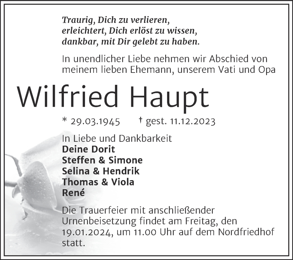 Traueranzeigen Von Wilfried Haupt Abschied Nehmen De