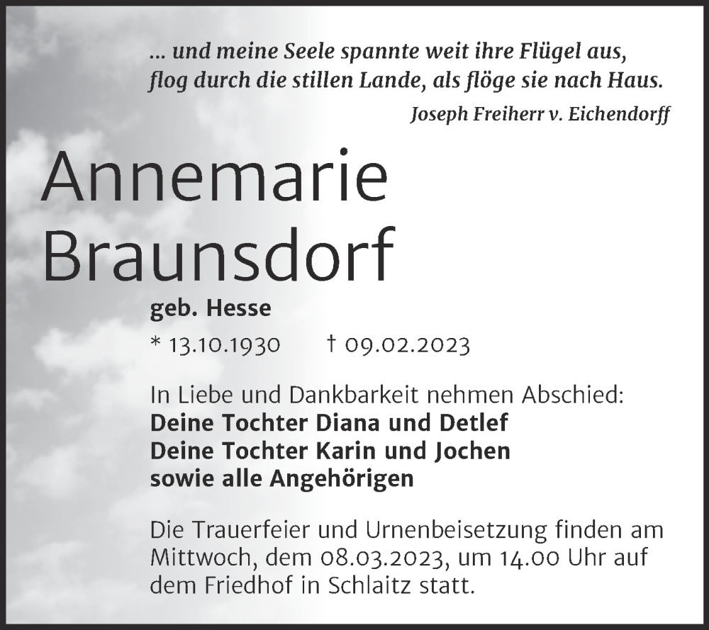 Traueranzeigen Von Annemarie Braunsdorf Abschied Nehmen De