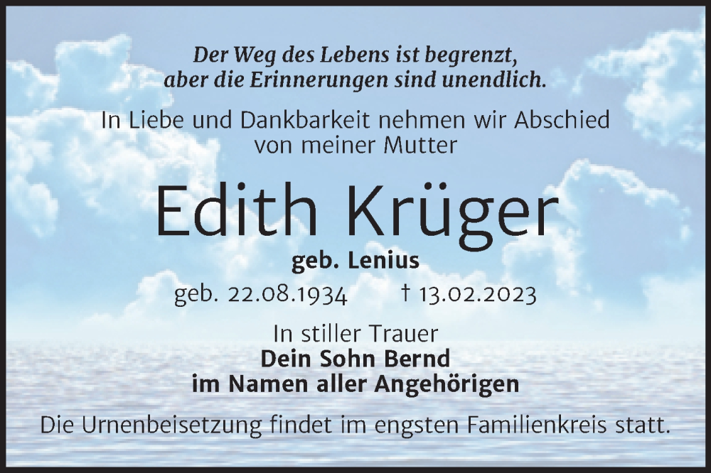 Traueranzeigen von Edith Krüger abschied nehmen de