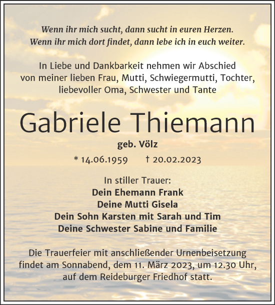 Traueranzeigen Von Gabriele Thiemann Abschied Nehmen De