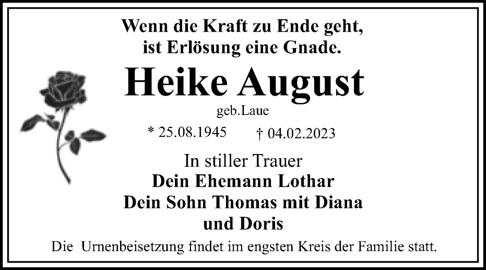 Traueranzeigen Von Heike August Abschied Nehmen De