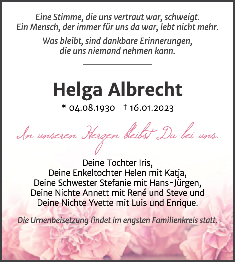 Traueranzeigen Von Helga Albrecht Abschied Nehmen De