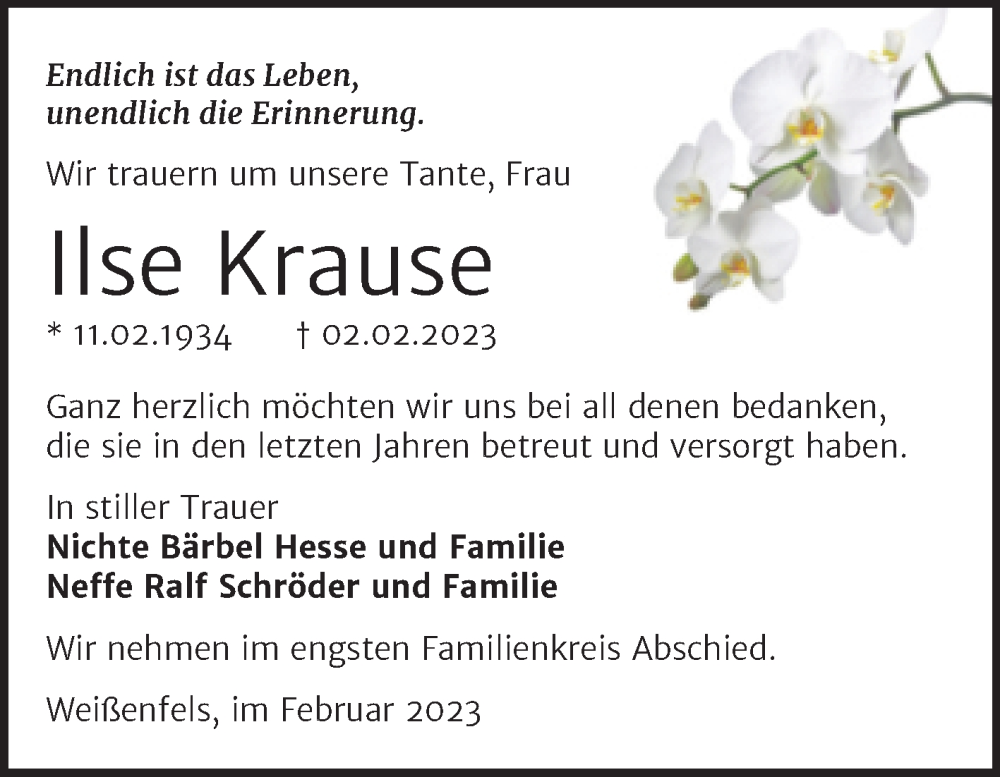 Traueranzeigen Von Ilse Krause Abschied Nehmen De