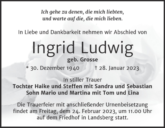 Traueranzeigen Von Ingrid Ludwig Abschied Nehmen De